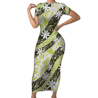 Olive Tahiti Tiare Monstera Short Sleeve Bodycon Dress Polynesian Pattern Curve Style - Polynesian Pride