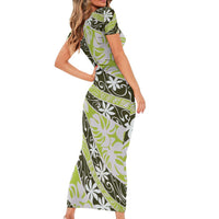 Olive Tahiti Tiare Monstera Short Sleeve Bodycon Dress Polynesian Pattern Curve Style - Polynesian Pride