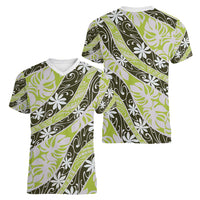 Olive Tahiti Tiare Monstera Women V-Neck T-Shirt Polynesian Pattern Curve Style - Polynesian Pride