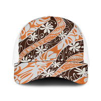 Puatou Tahiti Tiare Monstera Baseball Net Cap Polynesian Pattern Curve Style LT01 One Size White Orange - Polynesian Pride