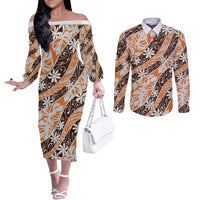 Puatou Tahiti Tiare Monstera Couples Matching Off The Shoulder Long Sleeve Dress and Long Sleeve Button Shirt Polynesian Pattern Curve Style - Polynesian Pride