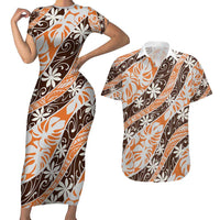 Puatou Tahiti Tiare Monstera Couples Matching Short Sleeve Bodycon Dress and Hawaiian Shirt Polynesian Pattern Curve Style - Polynesian Pride