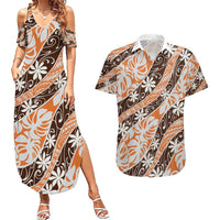 Puatou Tahiti Tiare Monstera Couples Matching Summer Maxi Dress and Hawaiian Shirt Polynesian Pattern Curve Style LT01 Orange - Polynesian Pride