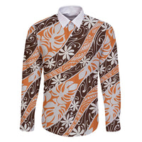 Puatou Tahiti Tiare Monstera Family Matching Long Sleeve Bodycon Dress and Hawaiian Shirt Polynesian Pattern Curve Style LT01 Dad's Shirt - Long Sleeve Orange - Polynesian Pride