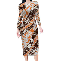 Puatou Tahiti Tiare Monstera Family Matching Long Sleeve Bodycon Dress and Hawaiian Shirt Polynesian Pattern Curve Style LT01 Mom's Dress Orange - Polynesian Pride