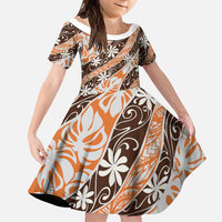 Puatou Tahiti Tiare Monstera Family Matching Mermaid Dress and Hawaiian Shirt Polynesian Pattern Curve Style LT01 Daughter's Dress Orange - Polynesian Pride