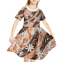 Puatou Tahiti Tiare Monstera Kid Short Sleeve Dress Polynesian Pattern Curve Style LT01 - Polynesian Pride