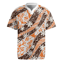 Puatou Tahiti Tiare Monstera Rugby Jersey Polynesian Pattern Curve Style LT01 Orange - Polynesian Pride