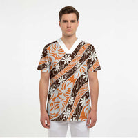 Puatou Tahiti Tiare Monstera Scrub Top Polynesian Pattern Curve Style - Polynesian Pride