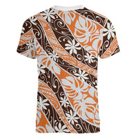 Puatou Tahiti Tiare Monstera Women V-Neck T-Shirt Polynesian Pattern Curve Style LT01 - Polynesian Pride