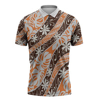 Puatou Tahiti Tiare Monstera Zipper Polo Shirt Polynesian Pattern Curve Style LT01 Orange - Polynesian Pride