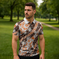 Puatou Tahiti Tiare Monstera Zipper Polo Shirt Polynesian Pattern Curve Style - Polynesian Pride