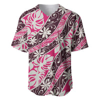 Tarona Tahiti Tiare Monstera Baseball Jersey Polynesian Pattern Curve Style LT01 Pink - Polynesian Pride