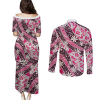 Tarona Tahiti Tiare Monstera Couples Matching Puletasi and Long Sleeve Button Shirt Polynesian Pattern Curve Style - Polynesian Pride