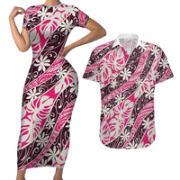 Tarona Tahiti Tiare Monstera Couples Matching Short Sleeve Bodycon Dress and Hawaiian Shirt Polynesian Pattern Curve Style - Polynesian Pride