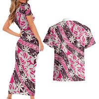 Tarona Tahiti Tiare Monstera Couples Matching Short Sleeve Bodycon Dress and Hawaiian Shirt Polynesian Pattern Curve Style - Polynesian Pride