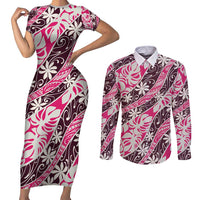Tarona Tahiti Tiare Monstera Couples Matching Short Sleeve Bodycon Dress and Long Sleeve Button Shirt Polynesian Pattern Curve Style LT01 Pink - Polynesian Pride