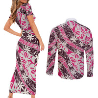 Tarona Tahiti Tiare Monstera Couples Matching Short Sleeve Bodycon Dress and Long Sleeve Button Shirt Polynesian Pattern Curve Style LT01 - Polynesian Pride