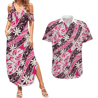 Tarona Tahiti Tiare Monstera Couples Matching Summer Maxi Dress and Hawaiian Shirt Polynesian Pattern Curve Style LT01 Pink - Polynesian Pride