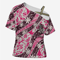 Tarona Tahiti Tiare Monstera Cross Shoulder Shirt Polynesian Pattern Curve Style LT01 Female Pink - Polynesian Pride