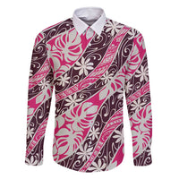 Tarona Tahiti Tiare Monstera Family Matching Long Sleeve Bodycon Dress and Hawaiian Shirt Polynesian Pattern Curve Style LT01 Dad's Shirt - Long Sleeve Pink - Polynesian Pride