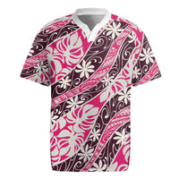 Tarona Tahiti Tiare Monstera Rugby Jersey Polynesian Pattern Curve Style LT01 Pink - Polynesian Pride