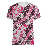 Tarona Tahiti Tiare Monstera Women V-Neck T-Shirt Polynesian Pattern Curve Style - Polynesian Pride