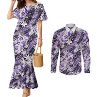 Vareau Tahiti Tiare Monstera Couples Matching Mermaid Dress and Long Sleeve Button Shirt Polynesian Pattern Curve Style - Polynesian Pride