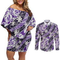 Vareau Tahiti Tiare Monstera Couples Matching Off Shoulder Short Dress and Long Sleeve Button Shirt Polynesian Pattern Curve Style - Polynesian Pride