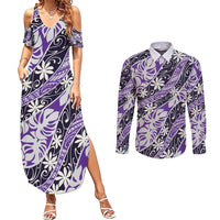 Vareau Tahiti Tiare Monstera Couples Matching Summer Maxi Dress and Long Sleeve Button Shirt Polynesian Pattern Curve Style LT01 Purple - Polynesian Pride