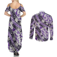 Vareau Tahiti Tiare Monstera Couples Matching Summer Maxi Dress and Long Sleeve Button Shirt Polynesian Pattern Curve Style LT01 - Polynesian Pride