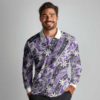 Vareau Tahiti Tiare Monstera Long Sleeve Polo Shirt Polynesian Pattern Curve Style - Polynesian Pride