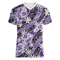 Vareau Tahiti Tiare Monstera Women V-Neck T-Shirt Polynesian Pattern Curve Style LT01 Female Purple - Polynesian Pride