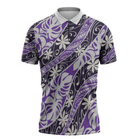 Vareau Tahiti Tiare Monstera Zipper Polo Shirt Polynesian Pattern Curve Style LT01 Purple - Polynesian Pride