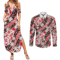 Uteute Tahiti Tiare Monstera Couples Matching Summer Maxi Dress and Long Sleeve Button Shirt Polynesian Pattern Curve Style LT01 Red - Polynesian Pride