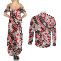 Uteute Tahiti Tiare Monstera Couples Matching Summer Maxi Dress and Long Sleeve Button Shirt Polynesian Pattern Curve Style LT01 - Polynesian Pride