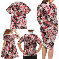Uteute Tahiti Tiare Monstera Family Matching Long Sleeve Bodycon Dress and Hawaiian Shirt Polynesian Pattern Curve Style LT01 - Polynesian Pride