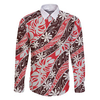 Uteute Tahiti Tiare Monstera Family Matching Long Sleeve Bodycon Dress and Hawaiian Shirt Polynesian Pattern Curve Style LT01 Dad's Shirt - Long Sleeve Red - Polynesian Pride