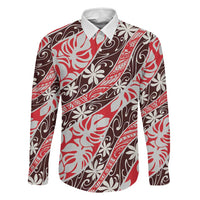 Uteute Tahiti Tiare Monstera Family Matching Off Shoulder Short Dress and Hawaiian Shirt Polynesian Pattern Curve Style LT01 Dad's Shirt - Long Sleeve Red - Polynesian Pride