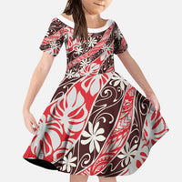 Uteute Tahiti Tiare Monstera Family Matching Summer Maxi Dress and Hawaiian Shirt Polynesian Pattern Curve Style LT01 Daughter's Dress Red - Polynesian Pride