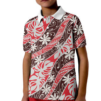 Uteute Tahiti Tiare Monstera Kid Polo Shirt Polynesian Pattern Curve Style LT01 Kid Red - Polynesian Pride