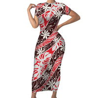 Uteute Tahiti Tiare Monstera Short Sleeve Bodycon Dress Polynesian Pattern Curve Style LT01 Long Dress Red - Polynesian Pride
