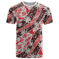 Uteute Tahiti Tiare Monstera T Shirt Polynesian Pattern Curve Style LT01 Red - Polynesian Pride