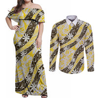 Rearea Tahiti Tiare Monstera Couples Matching Off Shoulder Maxi Dress and Long Sleeve Button Shirt Polynesian Pattern Curve Style - Polynesian Pride