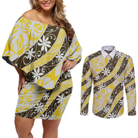Rearea Tahiti Tiare Monstera Couples Matching Off Shoulder Short Dress and Long Sleeve Button Shirt Polynesian Pattern Curve Style - Polynesian Pride