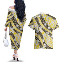 Rearea Tahiti Tiare Monstera Couples Matching Off The Shoulder Long Sleeve Dress and Hawaiian Shirt Polynesian Pattern Curve Style LT01 - Polynesian Pride