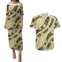 Rearea Tahiti Tiare Monstera Couples Matching Puletasi and Hawaiian Shirt Polynesian Pattern Curve Style LT01 Yellow - Polynesian Pride