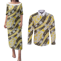 Rearea Tahiti Tiare Monstera Couples Matching Puletasi and Long Sleeve Button Shirt Polynesian Pattern Curve Style - Polynesian Pride
