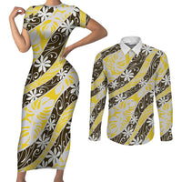 Rearea Tahiti Tiare Monstera Couples Matching Short Sleeve Bodycon Dress and Long Sleeve Button Shirt Polynesian Pattern Curve Style - Polynesian Pride