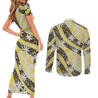 Rearea Tahiti Tiare Monstera Couples Matching Short Sleeve Bodycon Dress and Long Sleeve Button Shirt Polynesian Pattern Curve Style - Polynesian Pride